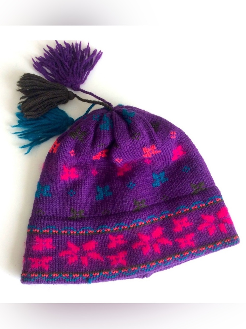Merkley Vintage 100% Virgin Wool/Cotton Lined Tassel Rounded Crown Ski Hat OS